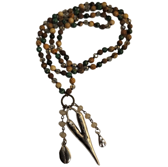 NECKLACE MULTICOLOR KNOTTED BEAD BOHEMIAN SILVER DANGLE HEART PENDANT - Picture 2 of 3